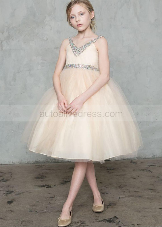 V Neck Beaded Tulle Flower Girl Dress